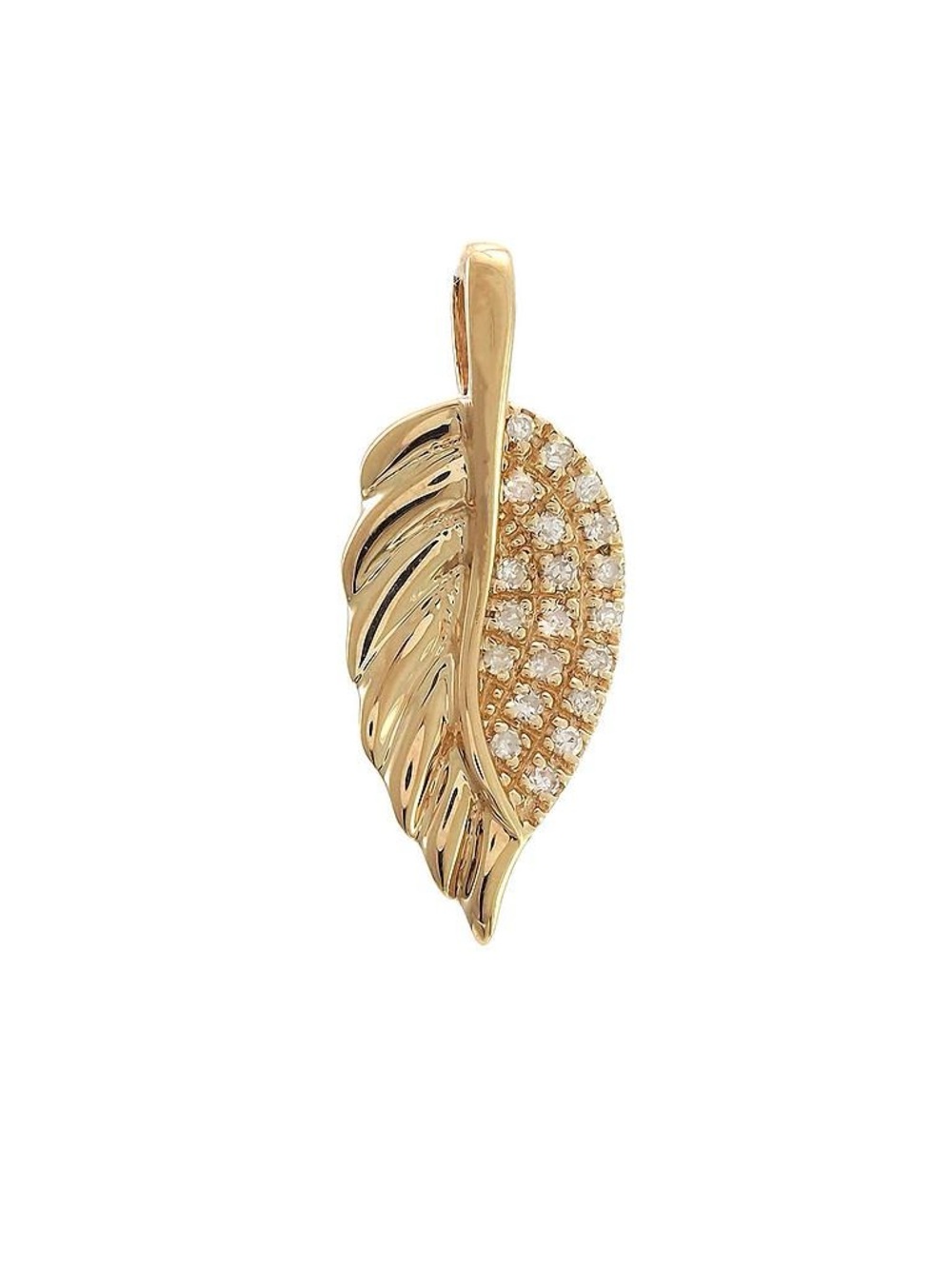14K Real Yellow Single Pave Diamond Leaf Pendant 7X17mm